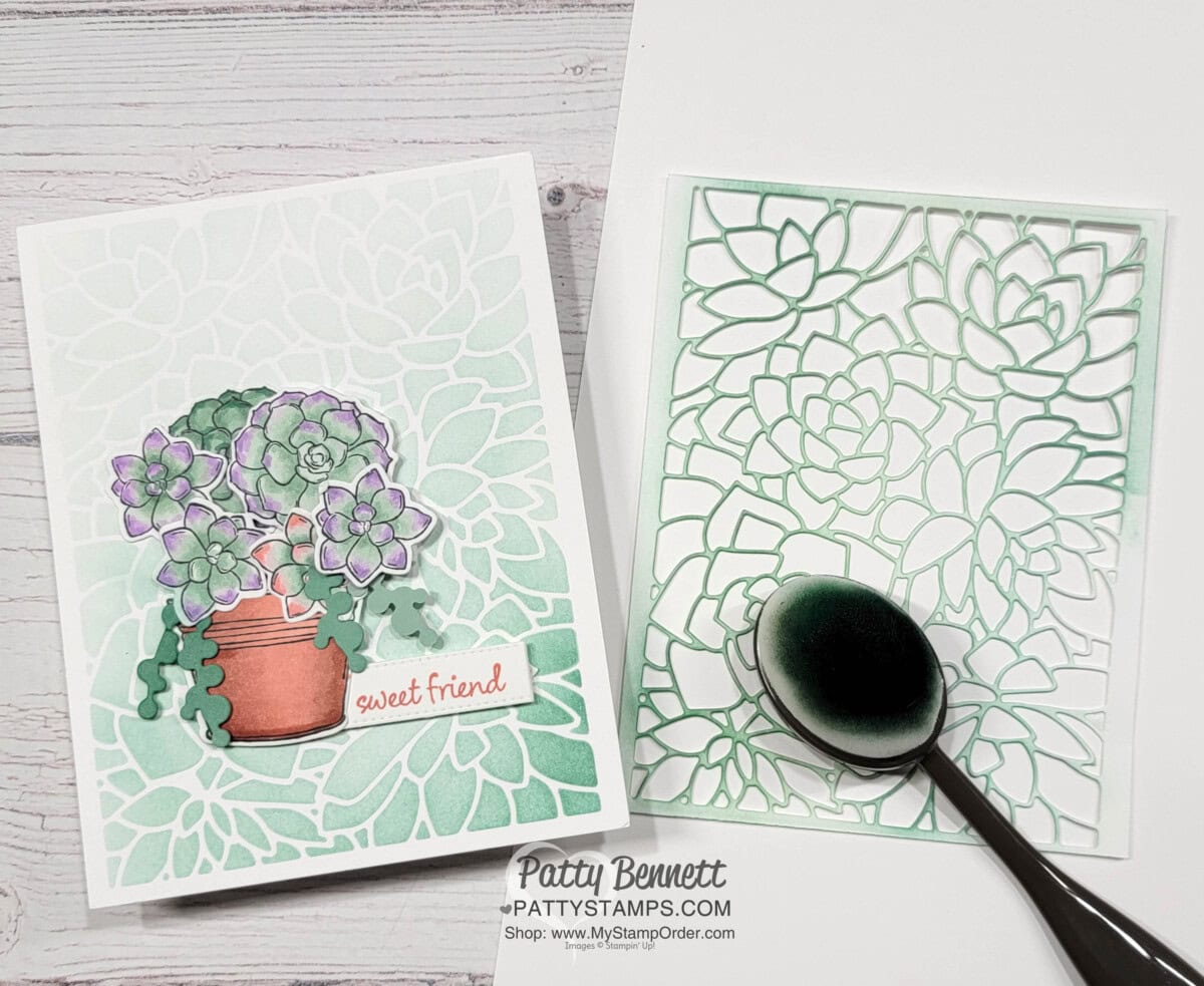 Use the Potted Succulent background die as a mask or stencil with Blending Brushes and ink! Stampin' Up! card by Patty Bennett