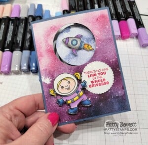 Stellar Birthday Peekaboo Circle card featuring Stampin' Up! New Horizons paper and Stampin' Blends marker coloring, by Patty Bennett