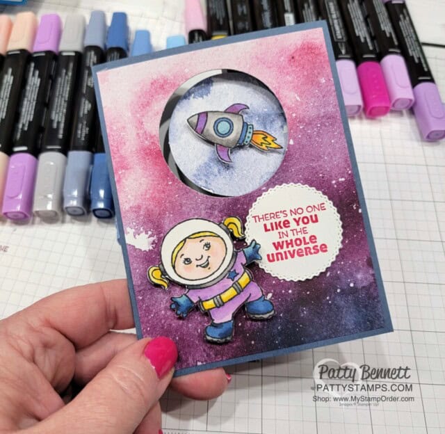 Stellar Birthday Peekaboo Circle card featuring Stampin' Up! New Horizons paper and Stampin' Blends marker coloring, by Patty Bennett