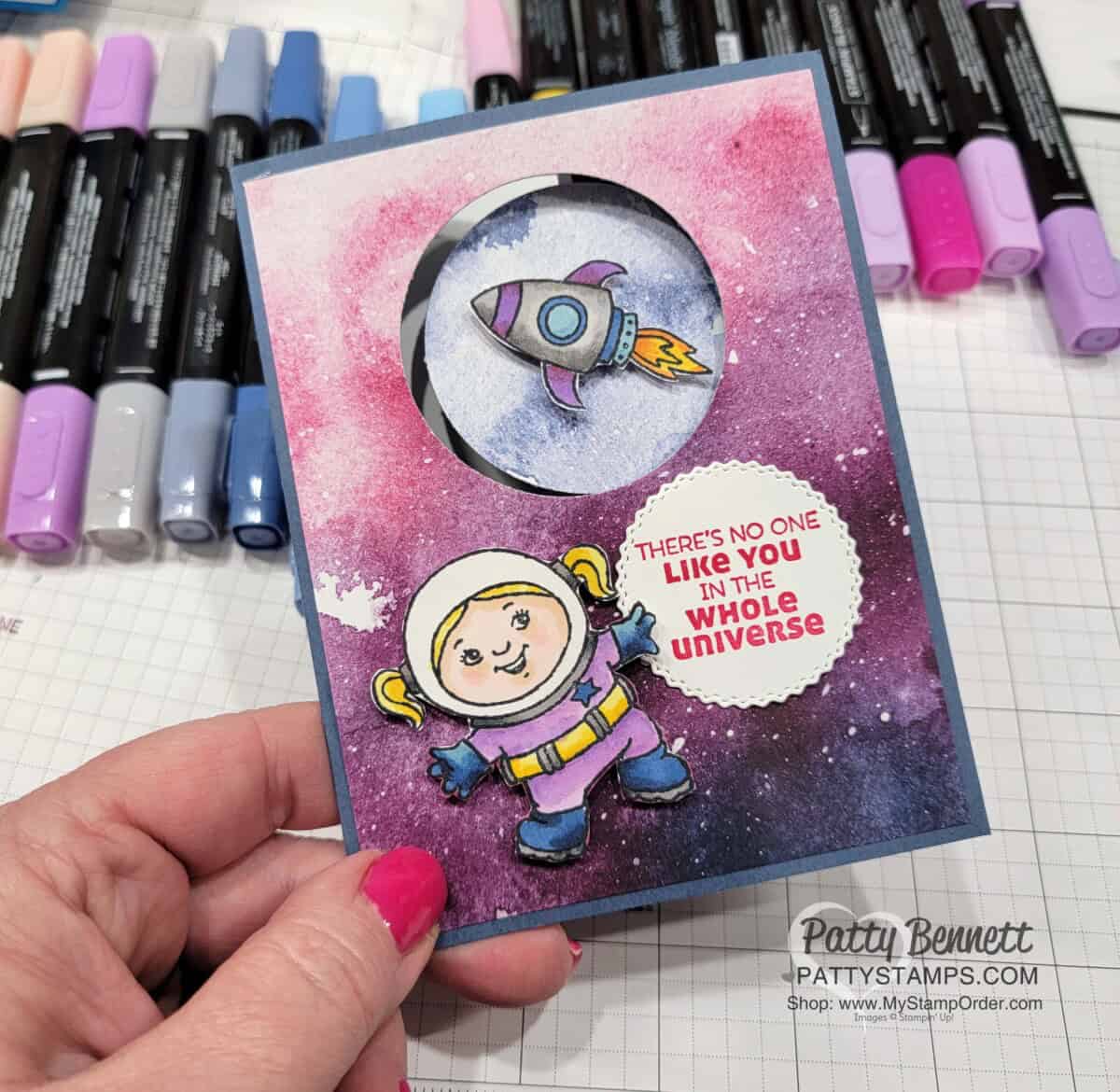 Stellar Birthday Peekaboo Circle card featuring Stampin' Up! New Horizons paper and Stampin' Blends marker coloring, by Patty Bennett