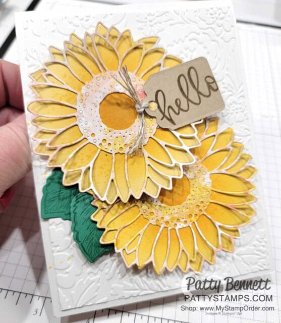 Sunflowers dies Stampin' Up! card idea featuring Waves of the Ocean designer paper for die cutting! by Patty Bennett www.PattyStamps.com