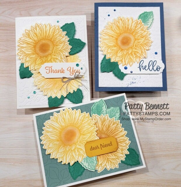 Stampin Up! Celebrate Sunflower card ideas featuring blending brush ink technique. by Patty Bennett www.PattyStamps.com