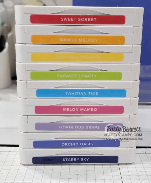 Ink Pad Colors for: Bottled Happiness Stampin UP! bundle with In Color Rainbow. Slimline card by Patty Bennett