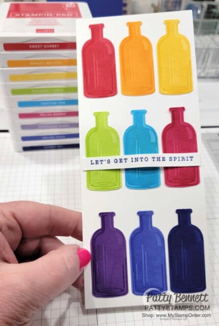 Bottled Happiness Stampin UP! bundle with In Color Rainbow. Slimline card by Patty Bennett