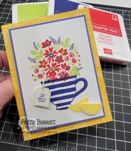 Stampin' Up! Cup of Tea set combined with the Bottled Happiness set. Cute card idea by Patty Bennett