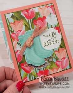 Flowering Rainboots bundle card idea with Flowering Fields tulip paper and enamel pebbles! www.PattyStamps.com