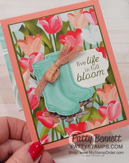 Flowering Rainboots bundle card idea with Flowering Fields tulip paper and enamel pebbles! www.PattyStamps.com