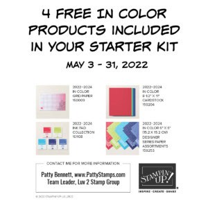 4 Free Products!! Stampin' Up! Join Promotion: Free In Color ink pads and more, May 3 - 31, 2022 www.PattyStamps.com