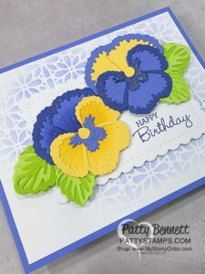 Pansy Patch birthday card idea featuring new Stampin' UP! In Colors and Butterflies & Flowers masks, by Patty Bennett