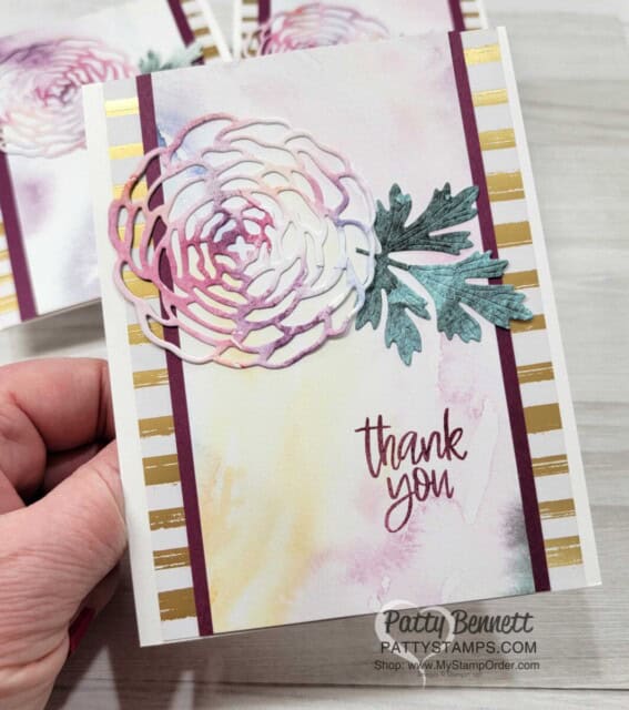 Stampin' Up! Thank You Card Idea featuring Ranunculus flowers die cut with New Horizons paper! by Patty Bennett