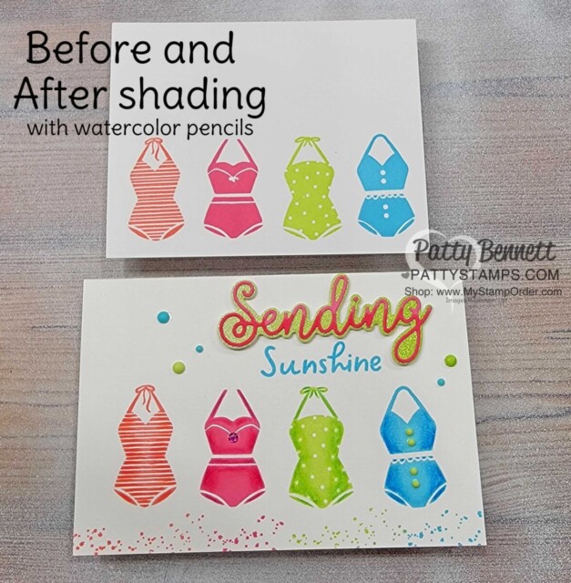 Before and After: shading on solid stamped images with Watercolor pencils, Stampin UP! Sunny Splash set. card by Patty Bennett