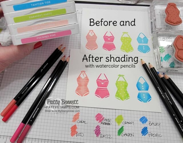 Before and After: shading on solid stamped images with Watercolor pencils, Stampin UP! Sunny Splash set. card by Patty Bennett