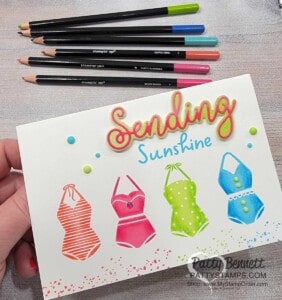 Stamping Technique: shading on solid stamped images with Watercolor pencils, Stampin UP! Sunny Splash set. card by Patty Bennett