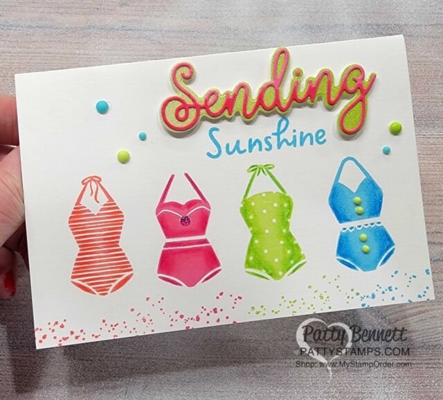 Stamping Technique: shading on solid stamped images with Watercolor pencils, Stampin UP! Sunny Splash set. card by Patty Bennett