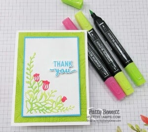 Use Stampin' Blends markers to color Artisan Additions floral corner die. Thank you Card by Patty Bennett