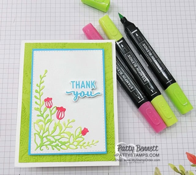 Use Stampin' Blends markers to color Artisan Additions floral corner die. Thank you Card by Patty Bennett