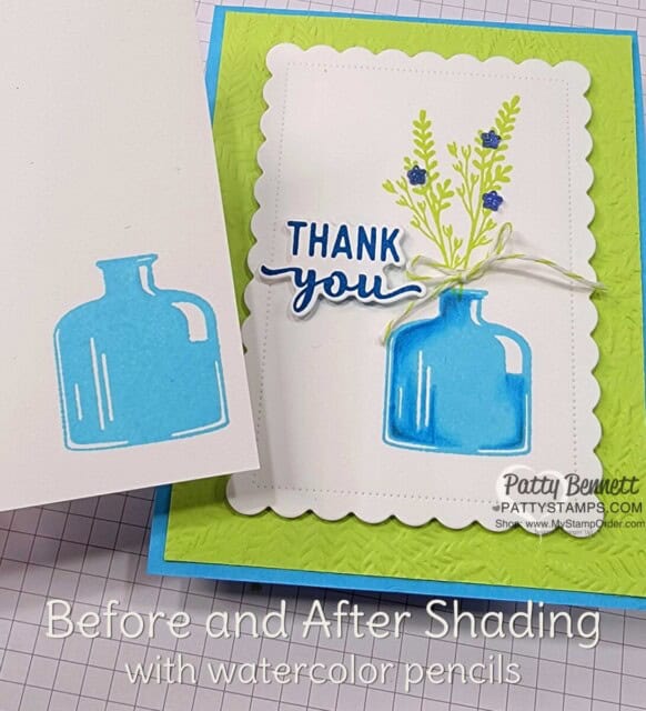 Before and After: Bottled Happiness Stampin' Up! image shaded with Watercolor Pencils. Thank you Card by Patty Bennett