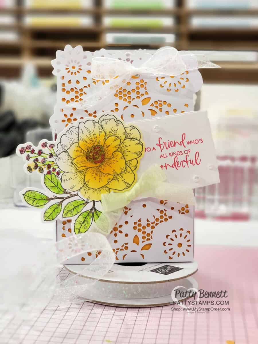 Stampin' UP! Delicate Details Treat Box featuring Cottage Rose floral image colored with Blending Brushes, by Patty Bennett