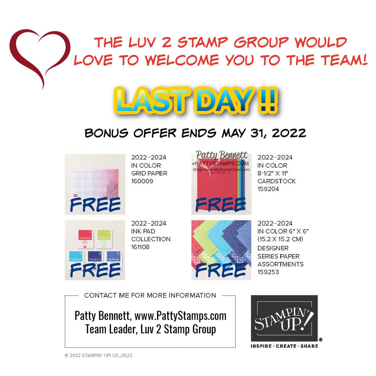 Last Day to enjoy the In Color bonus from Stampin' UP! Stampin UP! special offer! 4 Free Products!! Join the Luv 2 Stamp Group with Patty Bennett, Stampin' UP! demonstrator