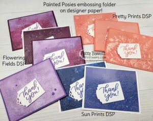 Use the Painted Posies embossing folder with Stampin' UP! designer paper for a great card making technique. www.PattyStamps.com