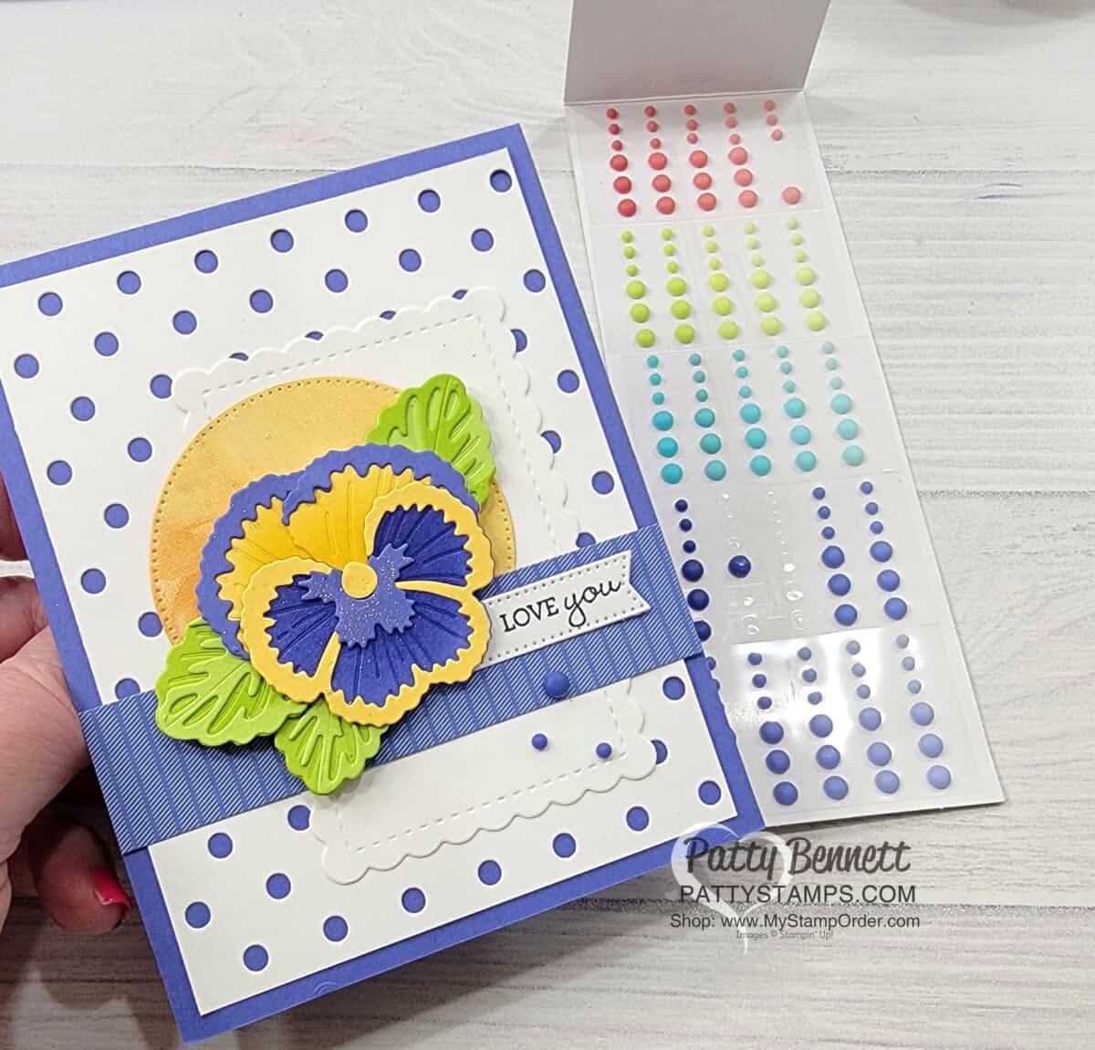 In Color Matte Decorative Dots and Dots & Spots die perfect polka dot background for Pansy Patch flowers with Stampin' Up! In colors.