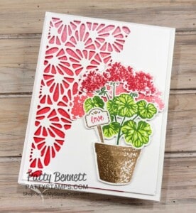 Stampin Up! Potted Geraniums bundle handmade card by Patty Bennett featuring Glimmer Paper and Split Textures dies.