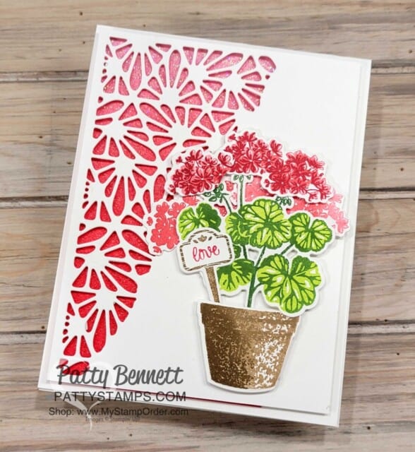 Stampin Up! Potted Geraniums bundle handmade card by Patty Bennett featuring Glimmer Paper and Split Textures dies.
