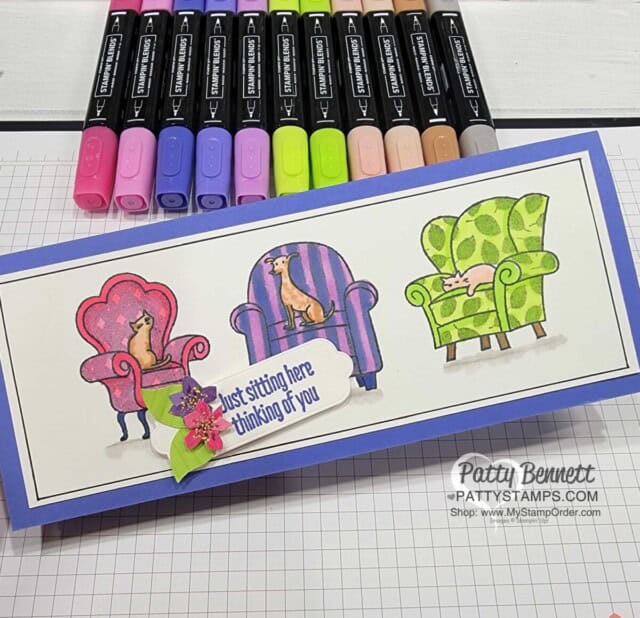 Sit Stay Relax Stampin' Up! host reward set colored with Stampin' Blends markers. Slimline cards by Patty Bennett