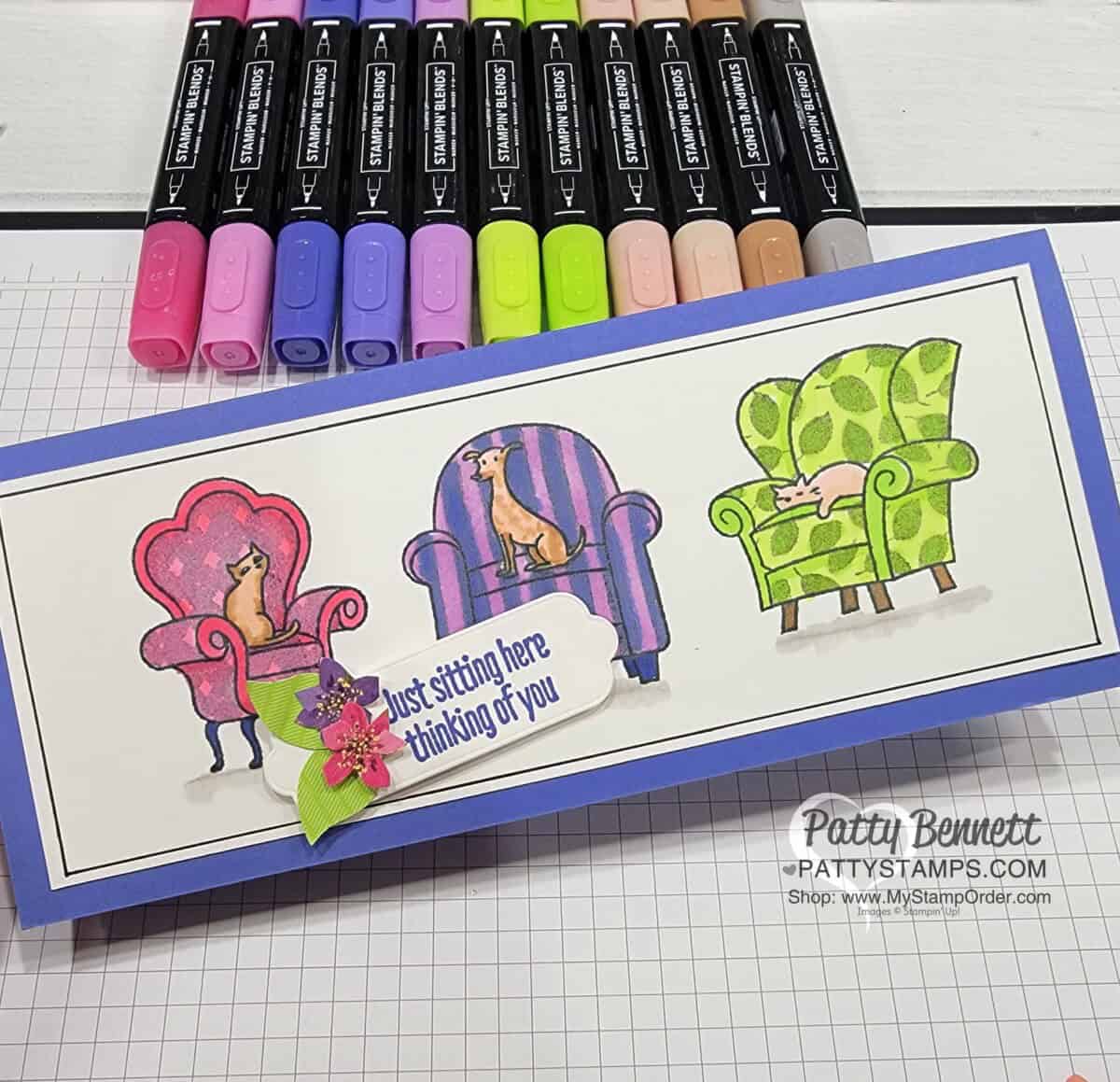 Sit Stay Relax Stampin' Up! host reward set colored with Stampin' Blends markers. Slimline cards by Patty Bennett