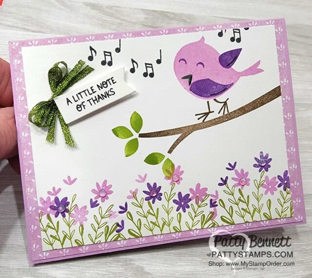 Stampin' UP! Sweet Songbirds simple card featuring Cup of Tea florals. Note of Thanks card by Patty Bennett