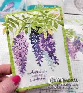 Wisteria Wishes Stampin' UP! card making bundle, die cut with Hues of Happiness designer paper, and Tea Boutique Cards & Envelopes. by Patty Bennett