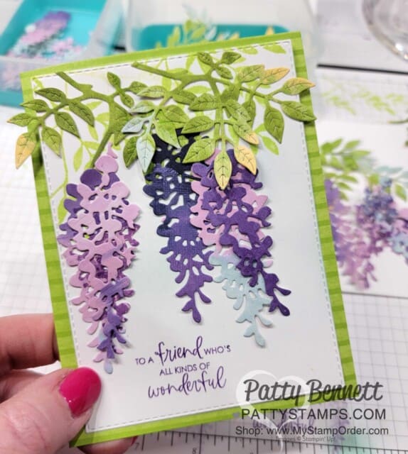 Wisteria Wishes Stampin' UP! card making bundle, die cut with Hues of Happiness designer paper, and Tea Boutique Cards & Envelopes. by Patty Bennett