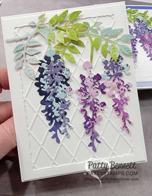 Wisteria Wishes Stampin' UP! card making bundle, die cut with Hues of Happiness designer paper and lattice die. Card idea by Patty Bennett