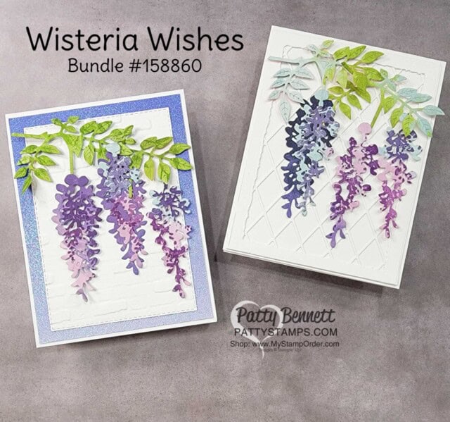 Wisteria Wishes Stampin' UP! card making bundle, die cut with Hues of Happiness designer paper and lattice die. Card idea by Patty Bennett