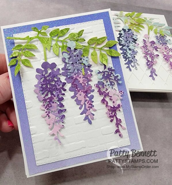 Wisteria Wishes Stampin' UP! card making bundle, die cut with Hues of Happiness designer paper and Brick embossing folder. Card idea by Patty Bennett