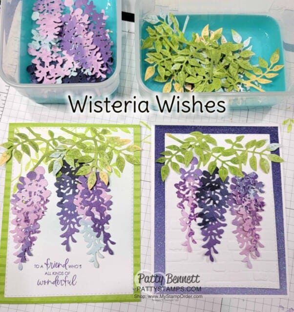 Wisteria Wishes Stampin' UP! card making bundle, die cut with Hues of Happiness designer paper. Card idea by Patty Bennett