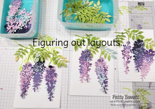Figuring out card layouts for Wisteria Wishes Stampin' UP! bundle, die cut with Hues of Happiness designer paper, by Patty Bennett