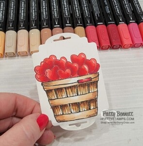 Basket full of hearts! Stampin' Blends marker coloring - shading and coloring tips for the Cheerful Basket stamp set with cute napkin. Video tutorial by Patty Bennett
