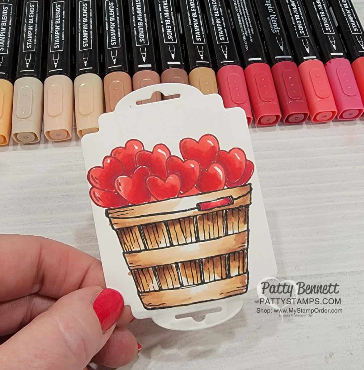 Basket full of hearts! Stampin' Blends marker coloring - shading and coloring tips for the Cheerful Basket stamp set with cute napkin. Video tutorial by Patty Bennett