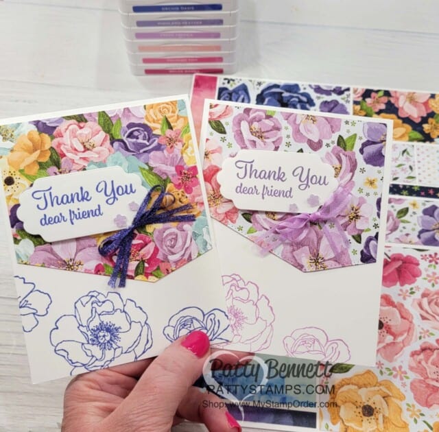 Hues of Happiness Stampin UP! cards with the Basic Borders Dies and Plentiful Plants thank you greeting, by Patty Bennett
