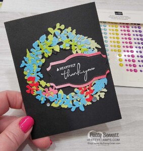 Glossy Dots Accents!! Thank You Card Idea: Nature's Print Wreath Card idea featuring Stampin' Up! In Color Glimmer paper and Natural Prints dies.