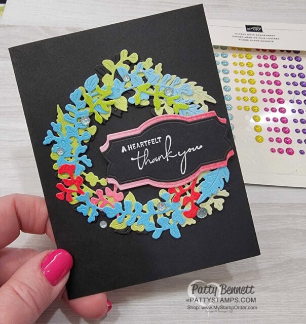 Glossy Dots Accents!! Thank You Card Idea: Nature's Print Wreath Card idea featuring Stampin' Up! In Color Glimmer paper and Natural Prints dies.
