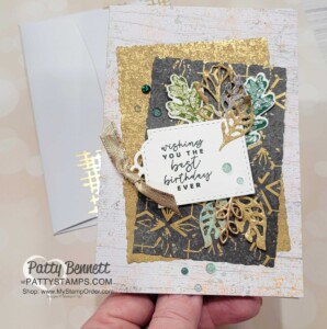 Handmade Card idea featuring Stampin' Up! Texture Chic suite with gold leaves. by Patty Bennett www.PattyStamps.com