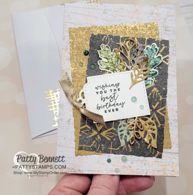 Handmade Card idea featuring Stampin' Up! Texture Chic suite with gold leaves. by Patty Bennett www.PattyStamps.com