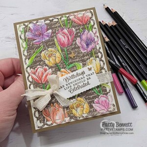 Abigail Rose Designer Paper with Tulips, watercolored with Watercolor Pencils and Water Painter. Card by Patty Bennett