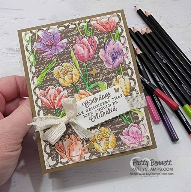Abigail Rose Designer Paper with Tulips, watercolored with Watercolor Pencils and Water Painter. Card by Patty Bennett