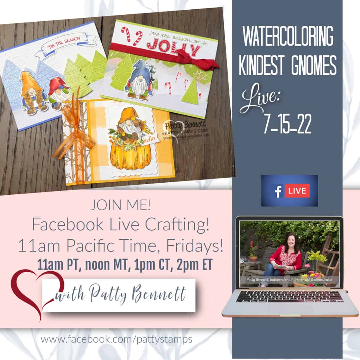 Facebook Live cardmaking video with Patty Bennett featuring Stampin' Up! Kindest Gnomes - watercoloring lesson.