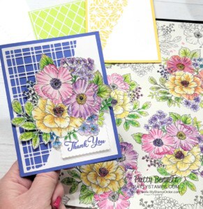 Watercolor Pencil coloring on Abigail Rose designer paper and card making with the Split Card Texture dies, by Patty Bennett