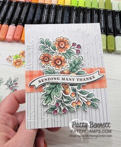 Stampin' Blends coloring on Fond of Autumn set. Fall card idea Leaf Fall embossing folder by Patty Bennett