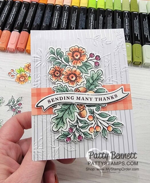 Stampin' Blends coloring on Fond of Autumn set. Fall card idea Leaf Fall embossing folder by Patty Bennett